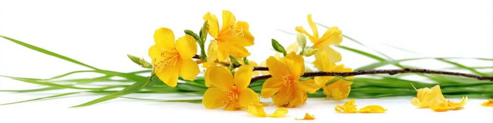 Vibrant yellow flowers on green stems isolated on white background