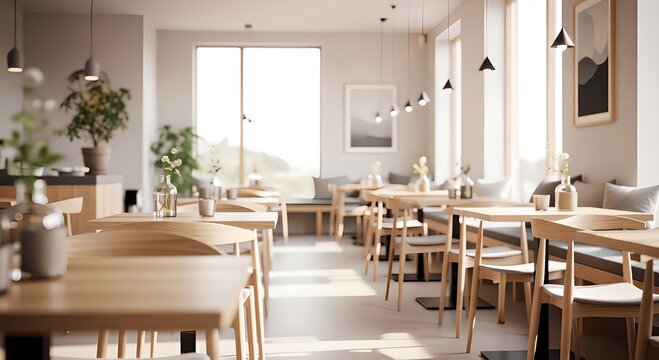 Cozy and inviting cafe interior with natural light streaming through large windows, showcasing wooden tables and chairs