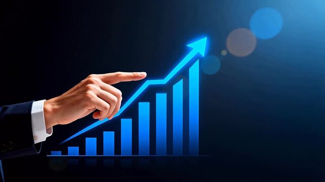 Hand pointing at rising bar chart