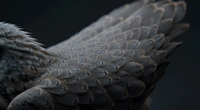 Detailed closeup of gray bird feathers exhibiting intricate patterns and textures