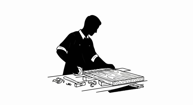 Silhouette of a carpenter working on wood with tools and measuring tape