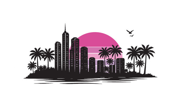 Miami and palm trees vector silhouette.Vector silhouette of tropical landscape and cityscape silhouette.