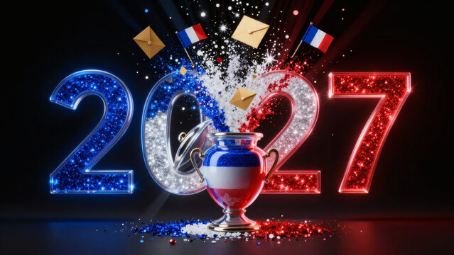 Texte "2027" paillet&eacute; bleu blanc et rouge, comme le drapeau Fran&ccedil;ais et une Urne de vote en verre transparente d'ou jaillit des paillettes et des enveloppes sur un fond contrast&eacute; Noir. Pr&eacute;sident. 