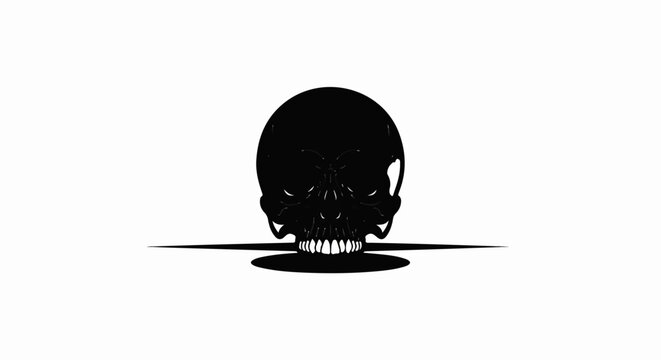 Stark black skull with hollow eye sockets and sharp teeth, casting a shadow