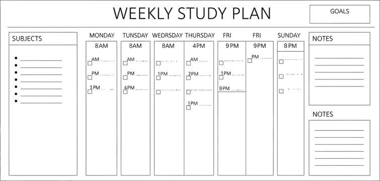 Weekly study plan template with daily schedule and notes section for organization and productivity