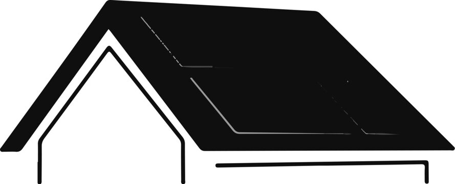Stylized black and white graphic of a house roof outline