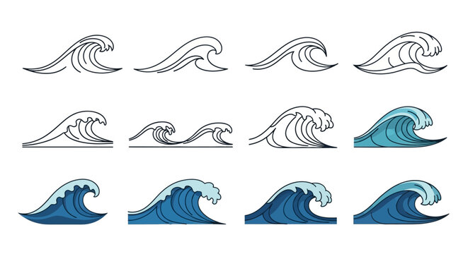 Ocean Wave Collection: Line Art and Blue Water Illustrations