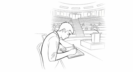 Student taking notes in a lecture hall with tiered seating and a podium