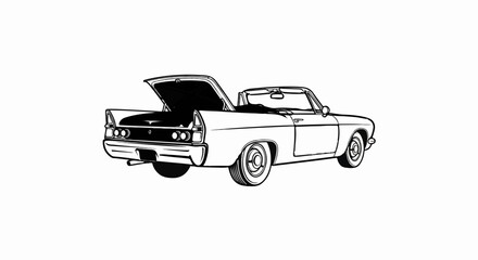 Stylized black and white line drawing of a vintage convertible with open trunk