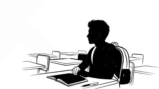 Student in classroom with backpack and open notebook, looking away