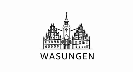 Obraz premium Stylized black and white outline of a historic building with text below