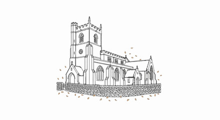 Fototapeta premium Sketch of a historic stone church with falling autumn leaves
