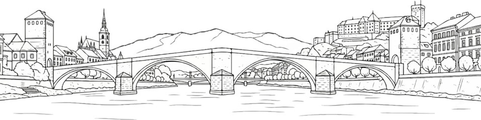Naklejka premium Sketch of a historic European city with a bridge spanning a river