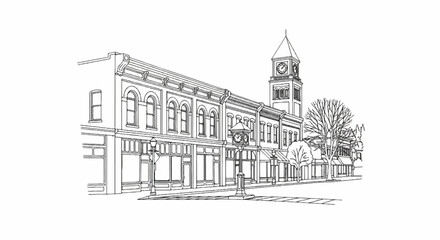 Sketch of a historic town square with storefronts and a clock tower
