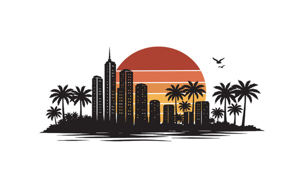 Vector silhouette of tropical landscape and cityscape silhouette orange sunset