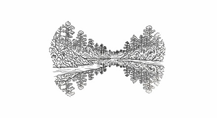 Stylized black and white illustration of a tranquil forest with a reflective river