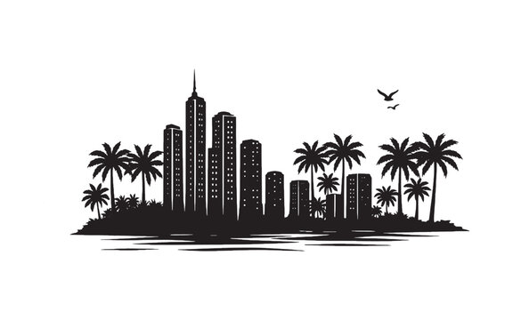 Vector silhouette of tropical landscape and cityscape silhouette logo