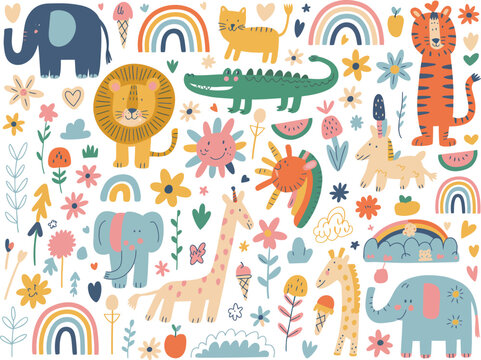 Colorful cartoon animals and nature on white background elephants giraffes