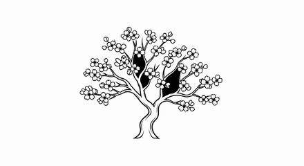 Obraz premium Stylized black and white line drawing of a blossoming tree with dark centers in flowers