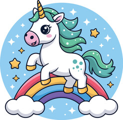 Fototapeta premium White unicorn with green mane and tail standing on a rainbow with stars and clouds 3