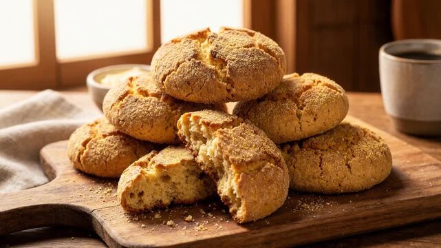 stack of golden broa de caxambu corn crackers on a rustic wooden board video