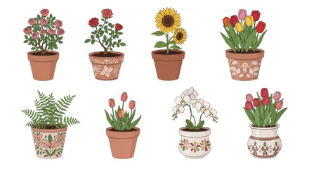 Fototapeta premium Eight potted plants collection. Includes roses, sunflowers, tulips, fern, and orchids in terracotta and ceramic pots. Created in flat vector style with a natural color palette. isolated PNG with
