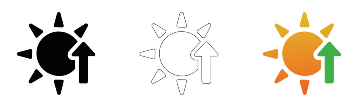 Sun Rise Icon Vector Set Transparent Background, Black White Orange Sun Rise Arrow Up Outline Filled Design Isolated