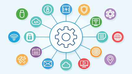Technology Ecosystem and Connectivity Diagram &ndash; Gear Network Vector Illustration