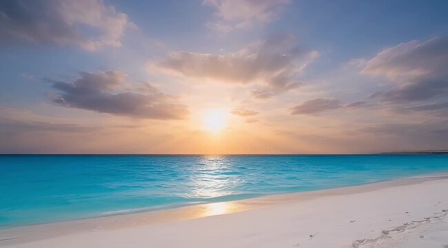 Serene Tropical Beach at Sunset with Soft Pastel Colors and Calm Waters
