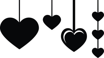 Flat design hanging heart silhouettes close up four pendant hearts on strings arranged horizontally in minimalist black and white composition