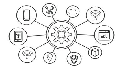 Gear System and Technology Network Outline &ndash; Digital Process Vector Illustration