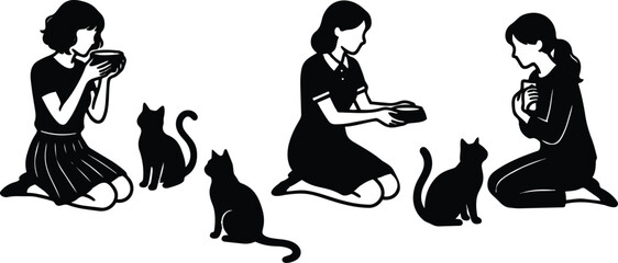 Obraz premium Silhouette vector three women kneeling feeding cats with bowls in quiet scene flat vector illustration for social media and editorial