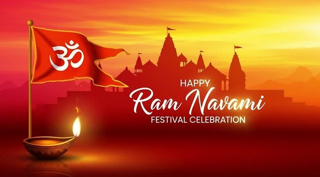 Happy Ram Navami festival beautiful religious background with flag