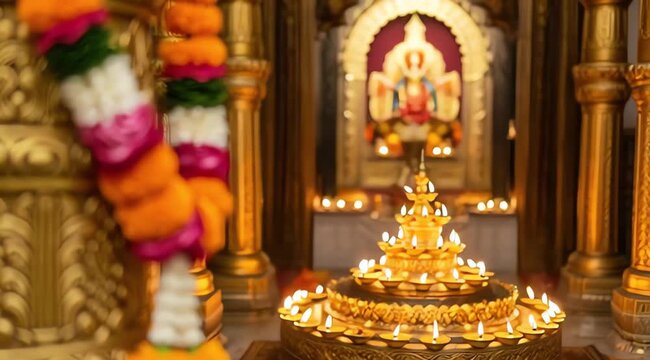 Traditional Indian floral garland toran made of marigold or zendu flower decorated temple or home. Happy Diwali festival, Pongal or Gudi Padwa. Decoration for Indian hindu holidays, wedding