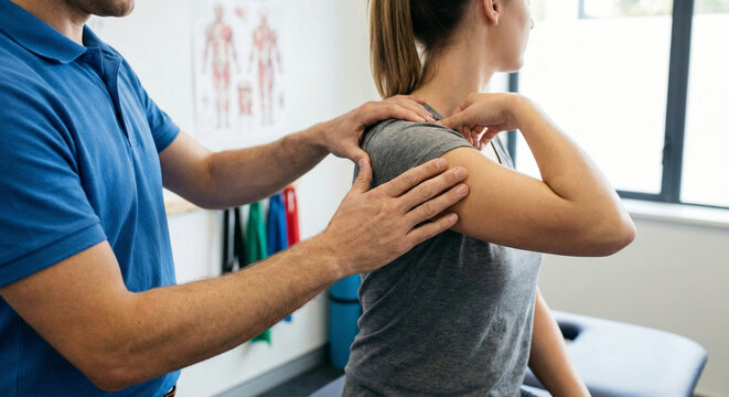 Close up of faceless physical therapist with bare hands examining female patient shoulder joint in clinic
