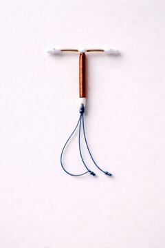 Copper intrauterine contraceptive device with strings isolated on white background.