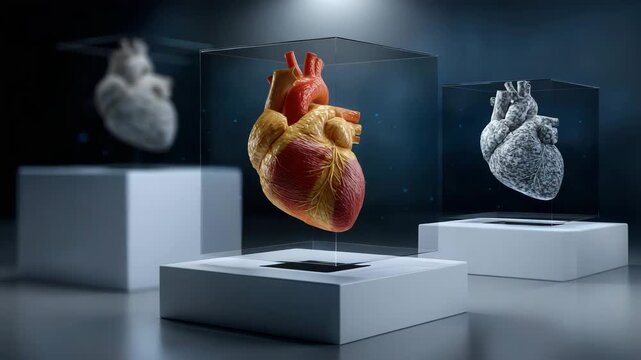 Human heart models displayed in futuristic glass cases