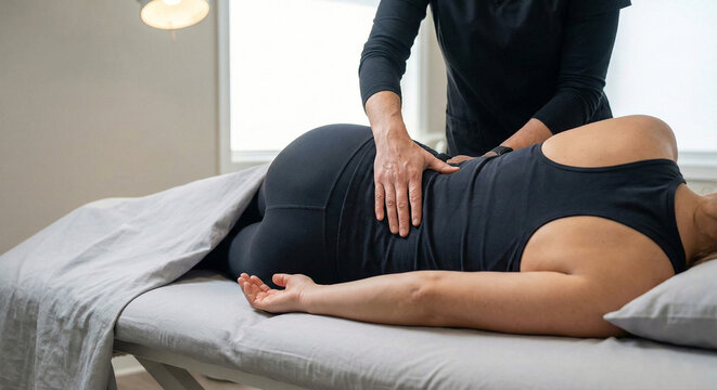 Close up of physical therapist hands pressing female patient lower back on massage table in bright clinic