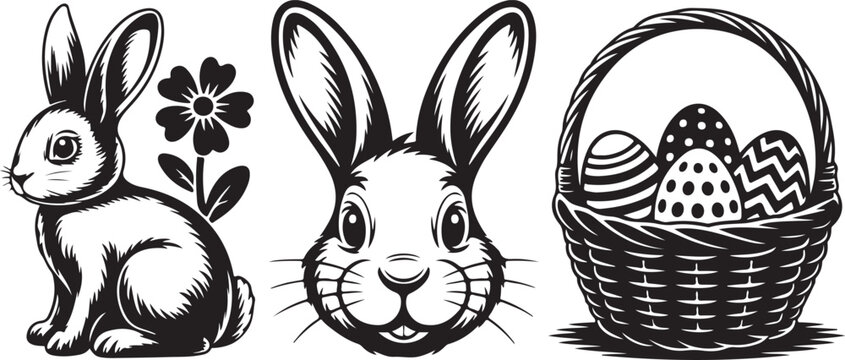 Set of easter bunny and basket of eggs vector illustration isolated on transparent background