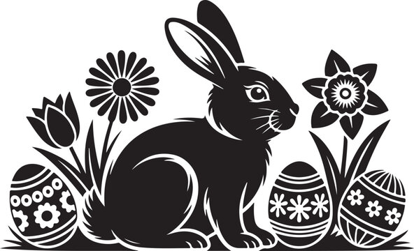 Cute easter bunny with decorated eggs and spring flowers on transparent background for holiday designs