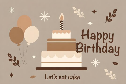 Boho Style Happy Birthday Card with Three Tier Cake Balloons