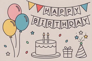 Cute Birthday Illustration with Cake Balloons Bunting and Party Hat
