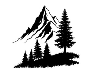 Fototapeta premium Black and White Mountain Landscape Silhouette with Pine Trees and Grass