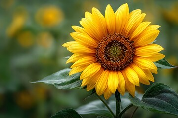 Fototapeta premium Yellow sunflower beams like a golden sunburst nestled in a cozy green hug.