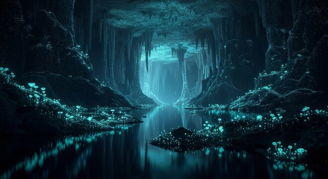 Luminous Underground Lake Chamber with Glowing Fungi and Colossal Flowstone Reflections