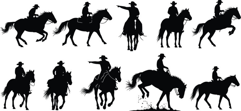 Cowboy riding horse silhouettes set, western rodeo equestrian vector icons, wild west stallion character collection, rancher horseback riding graphic elements.
