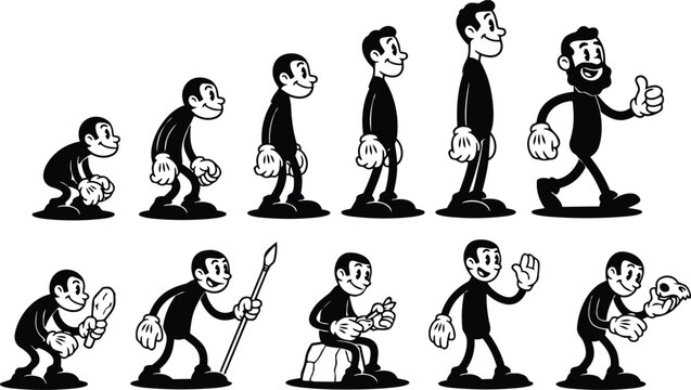 Rubber hose style character evolution sheet showing smiling cartoon man walking waving sitting and holding mirror and spear props