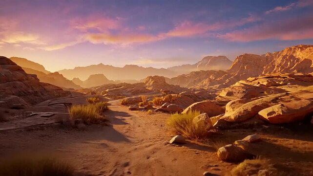 Sunset over a desert landscape with rocky terrain and sparse vegetation viewed from a low vantage point