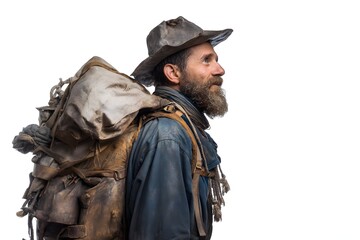 Fototapeta premium A gritty wanderer with tattered gear embodies resilience, hope, and fearless adventure.