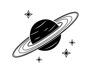 Simple black Saturn planet icon with rings and stars in space graphic design © Silhouette Studio